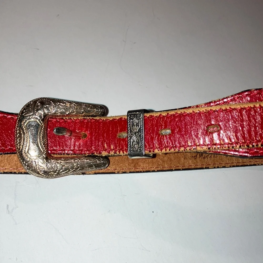 Vintage Red Leather Belt with‎ Silver Buckle and Southwest Desert Animal Brads